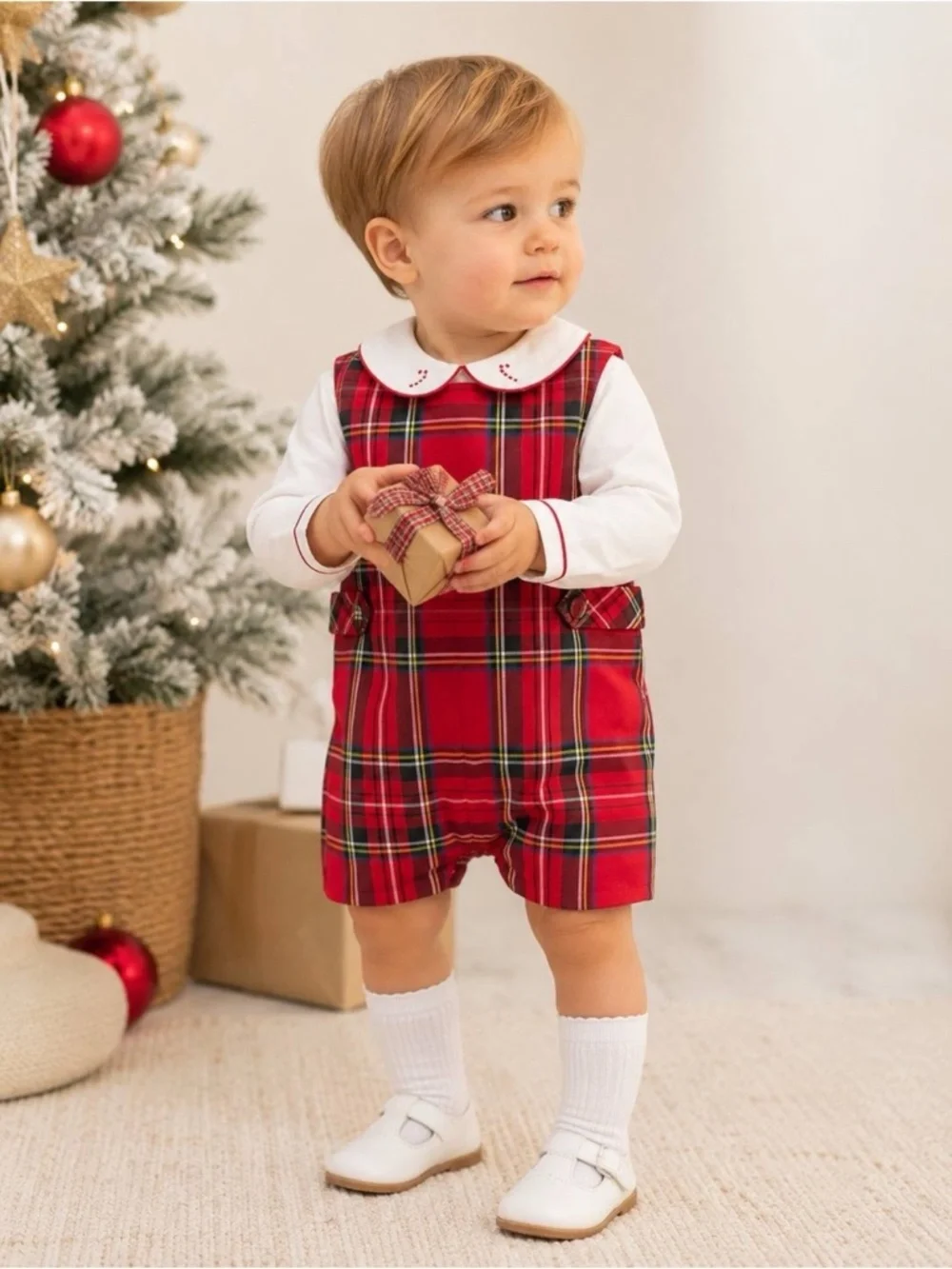 Edgehill Collection Candy Cane Shortall Set Kids Red Plaid Size 18M NWT